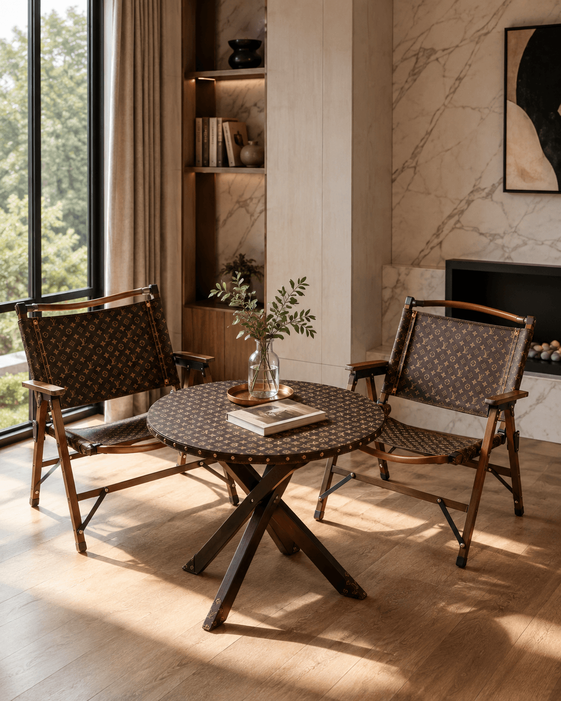 Louis Vuitton-Inspired Custom Luxury Furniture Set (Round Table + 2 Chairs)