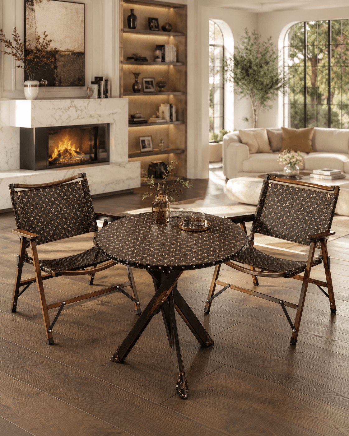 Louis Vuitton-Inspired Custom Luxury Furniture Set (Round Table + 2 Chairs)