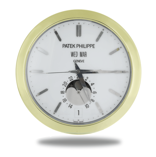 Patek Philippe Inspired Haute Horlogerie Wall Clock – Polished Gold Casing with Pure White Moonphase Dial
