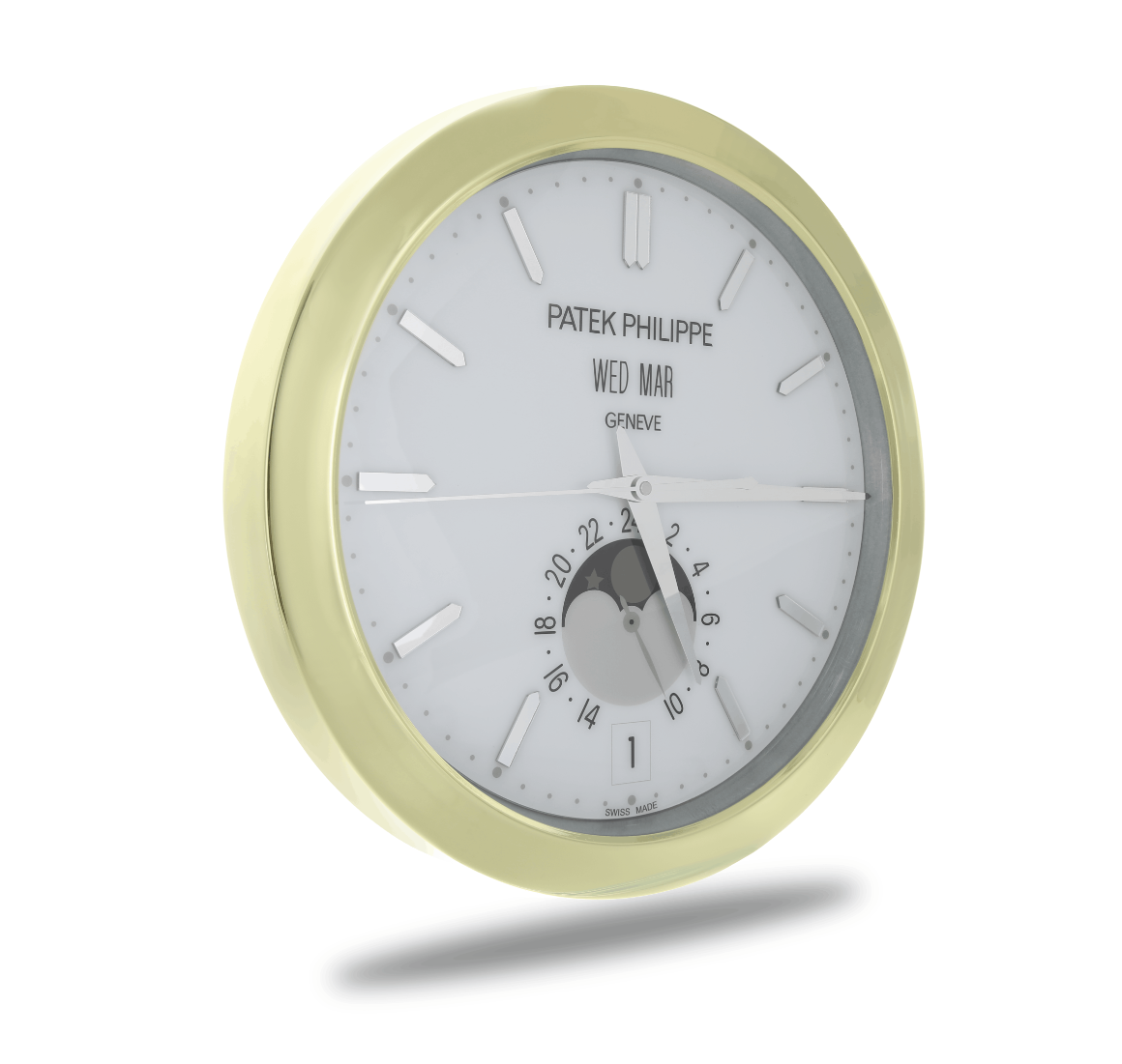 Patek Philippe Inspired Haute Horlogerie Wall Clock – Polished Gold Casing with Pure White Moonphase Dial