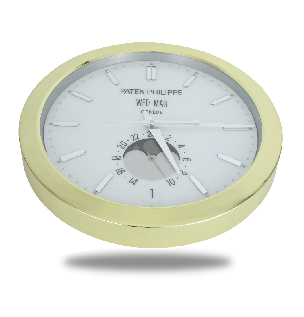 Patek Philippe Inspired Haute Horlogerie Wall Clock – Polished Gold Casing with Pure White Moonphase Dial