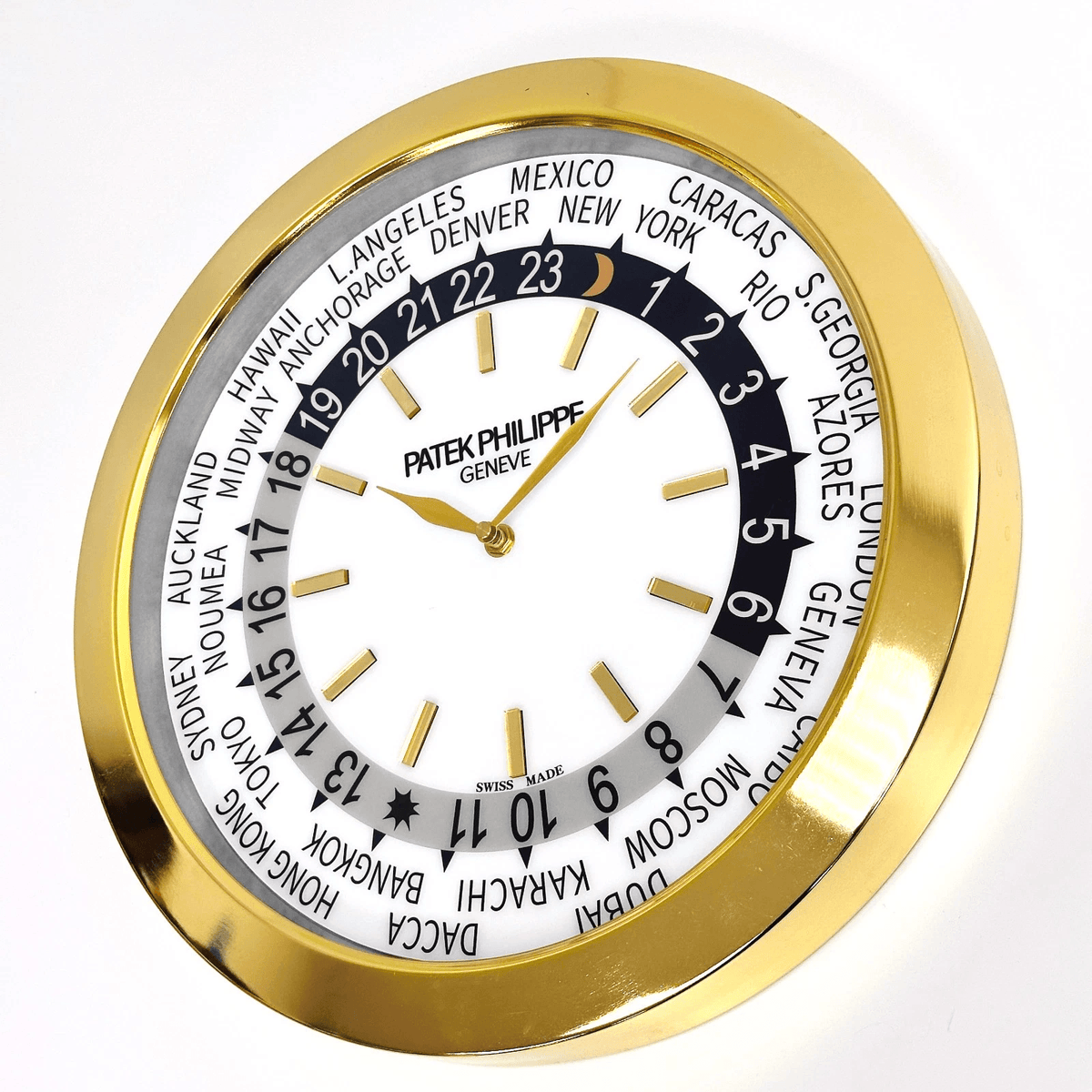 XXL Size Patek Philippe Inspired Haute Horlogerie Wall Clock – 24-Timezone World Time Dial (Polished Gold Casing)