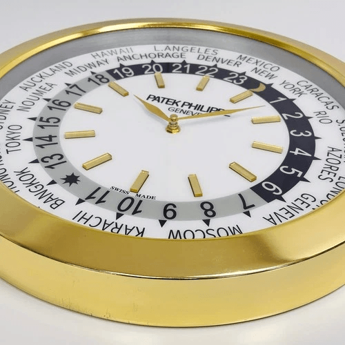 XXL Size Patek Philippe Inspired Haute Horlogerie Wall Clock – 24-Timezone World Time Dial (Polished Gold Casing)